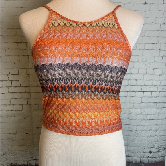 Topshop Tops - TopShop Crochet Tank Crop Top Pink and Orange Size 6 70’s Vintage Hippie Sheer